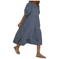 Ženska ljetna casual solidna boja na listu s kratkim rukavima O-izrez Big Swing Shirring haljina od pamuka
