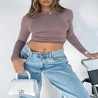 Ženska posadna koža mršave košulje dugih rukava Osnovni vitki usjeva Spring Solid Color Tee Tops Streetwear