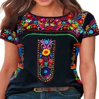 SKXST WOMENS kratki rukav okrugli vrat etnički cvjetni tiskani pulover The