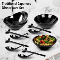 Annie's Kitchen Bown Bowl Melamine posude od 33oz Ramen zdjelice Kompletna japanska posuđa za večeru sa azijskim kašikama za supu, štapićima i stalcima
