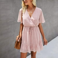 Žene Ljeto kratki rukav ruffle cvjetni haljina V izrez visoki struk mini haljina ružičasta S