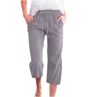 Ženske pune boje pamučne posteljine hlače Clearence Capris Ljetne pantalone udobne ležerne labave točno elastične struk ravno noga s džepovima svijetlo težine fit modni sivi xl