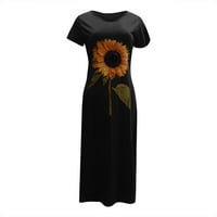 Haljine za žene modne žene labave suncokretove ispis kratkih rukava bočna podijeljena O-izrez casual