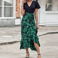 Ljetne haljine za žene za odmor Maxi V-izrez Skraće s kratkim rukavima Zelene cvjetne haljine L
