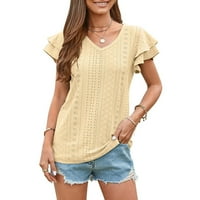 Ženska V izrez T Majica Ljetni šuplji Ležerne ruffle rukave bluza Labavi fit solidna boja Tunic Tee