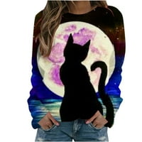 CLLIOS dukserica za ženske posade CAT CAT Print Top Top dugih rukava Swresy Ležerna majica Labavi pulover bluza