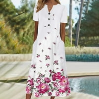 FESFESFES opružna haljina za žene cvjetni print kauzalan haljina V-izrez Dugačka haljina za odmor s