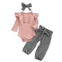 Shpwfbe Baby Girl Dine Dise rucf hlače ROMPER + Stripe + Trake za glavu Postavite odjeću Outfits & Set