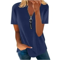 Žene Solid bluza sa zatvaračem Prednja tunika V izrez Tees Comfy Basic Tshirts Modni vrhovi Majice kratkih