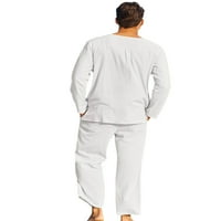 Muška ljetna pamučna posteljina odjeća od pune boje Henley košulje s dugim rukavima + elastična struka hlače sa lounge odjećom