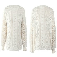 Vremenski džemperi za žene Trendy Soild Color dugih rukava pletene pulover Crewneck džemper kaput, bijeli,