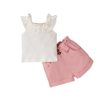 Rovga Toddler Girls Outfit setovi mališane ljetna odjeća Fly rukave pune boje rebrasti vrhovi plairani