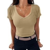 Ženska V izrez rebrasta ugrađena majica kratkih rukava Basic Plit Top Majica