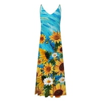 Usmixi Maxi haljine za žene bez rukava V-izrez suncokret za ispis ljeta duga haljina plaža špageta sherk