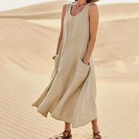 Ljetne haljine za žene Ležerne prilike za čvrste pamučne posteljine bez rukava sa džepnim labavim rezervoarom