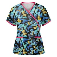 Cleance Womens Ljetni vrhovi Bluza Radna odjeća Kratki rukav Cvjetni ženski bluze V-izrez moda, plava,