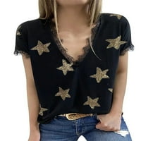 Ženska vrhunska bluza Basic V izrez kratki rukav zvjezdani zvjezdani ispis čipke TRIM THIrts TAME Ljetne
