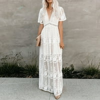 Ženske haljine čišćenje Maxi kratki rukav labav linijski cvjetni V-izrez ljetna haljina bijela s