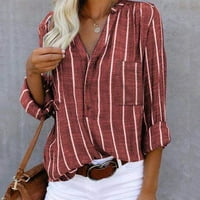 Ženski vrhovi Henley Striped bluza Labavi žene ljetne majice s dugim rukavima vino s