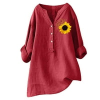 Bluze za žene Dressy Casual Plus Veličina zarezni vrat Dugi rukavi Modna majica Sunflower Graphic Gumb