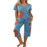 SDGHG ženska pidžama set kratkih rukava V izrez majica i kapri hlače za spavanje kontrast cvjetni leopard