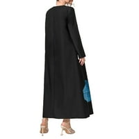 Skromni cvjetni print začepljen vrat Linijska haljina dugih rukava crna boja ženske haljine