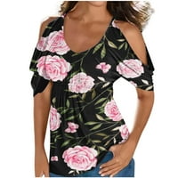 S vrhova ramena za žene cvjetni print v izrez ljetne košulje kratki rukav casual bagesy tunički bluza