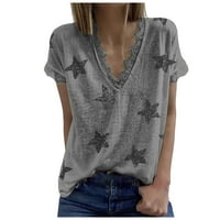 Ženski bluze Žene Ljeto V-izrez Star Print kratkih rukava Čipka za patchwork T-majice Bluza Tamno siva