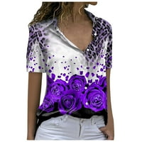 Ženski bluze Ženska modna casual tiskana dugmeta rever kratkih rukava majica za bluzu ljubičasta xxxl