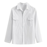 Muška majica Muška baggy pamučna posteljina džep čvrsti dugi rukav retro t majice za bluze bijeli 2xl