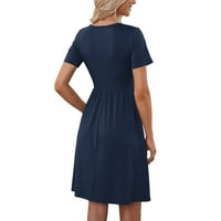 Ženske oblače s kratkim rukavima A-line midi haljina, ležerna ljetna haljina na V-izrezu tamno plava