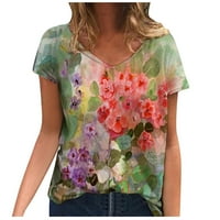 Cleariance Flower tiskane majice za žene kratki rukav ljetni vrhovi plus veličina cvjetna pejzažna V-izrez