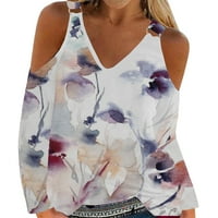 Pad bluze za žene Trendy Majica hladnog ramena pulover bluza V-izrez s dugim rukavima cvjetni print