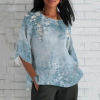 Feternal Women Ljeto pamučno posteljina labava fit bluza s rukavom retro tiskanim majicama TOP WOMENS