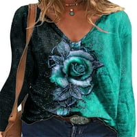 Niveer cvjetni vrhovi s dugim rukavima za žene V izrez kontrast boja majice