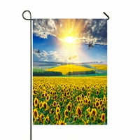 Polje suncokreta protiv dramatičnog neba izlazeći za zastavu za zastava vanjske zastave na otvorenom