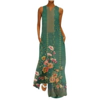 Amlbb Maxi haljine za žene V izrez Plus veličine Maxi haljina tiskana V-izrez Duga haljina bez rukava