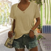 Ženski ljetni bluze V-izrez čvrste bluze s kratkim rukavima s smeđom s
