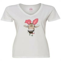 Inktastična smiješna krava u ružičastim ušima Ženska majica V-izrez
