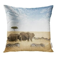 Odrasli i mladi slon sa zebrema i usamljenim drvetom bagrem u crvenom kasnom kasu za jastuk za jastuk