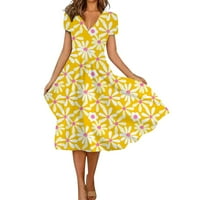 FOPP Prodavač Ženska ljetna casual moda cvjetna print kratkih rukava V-izrez Swing haljina žuta xxxxl