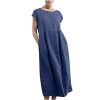 Plus veličina haljine za žene modne pamučne posteljine čvrste boje Crewneck Maxi haljina s kratkim rukavima