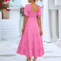 Haljina za žene, ženska modna casual pune boje kvadratnih vrata duhove rukava vruća ružičasta m
