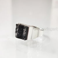 Gruba crna tormalin MANS prsten, prirodni kvadratni crni turmalin, srebrni nakit, srebrni prsten, rođendan,