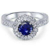 Pompeii 1ct Blue Sapphire Diamond Halo Vintage Angagement Okrugli rezan prsten 14k zlato