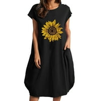 Midi haljine za žene dame suncokreta cvjetno tiskovina haljina s kratkim rukavima za žene Ljetne okrugle