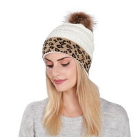 Zimske kape za muškarce Ženske kabele Klint Pom Poms Obložen valjani hems leopard print