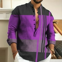Muškarci Ležerni gumb s dugim rukavima Down Henley V izrez za bluze haljina košulja Purple 2xl