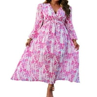 Stoljeće ženska jesenska duga cvjetna haljina dugih rukava dubok V izrez ruffle trim a-line party haljina