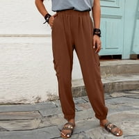 Ženski povremeni multi-džepni pamučni i posteljini pantalone elastične struke Hlače Brown XL